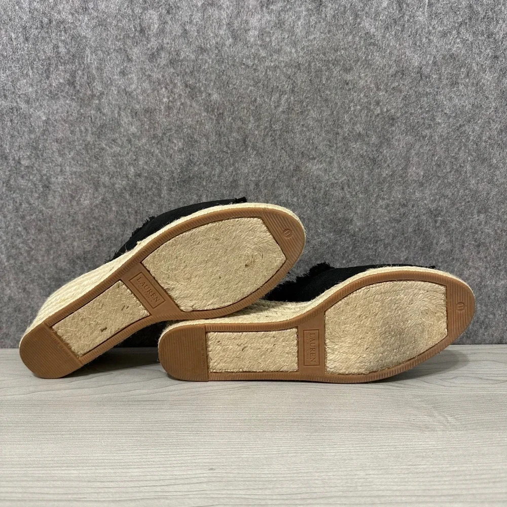 Lauren Ralph Lauren Carlynda Espadrille Wedge Women 11 Blk Linen Frayed Sandals